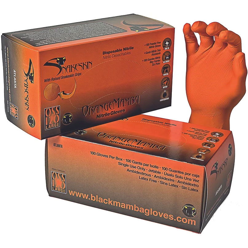Black Mamba - Orange Snakeskin Nitrile Disposable Gloves Lge
