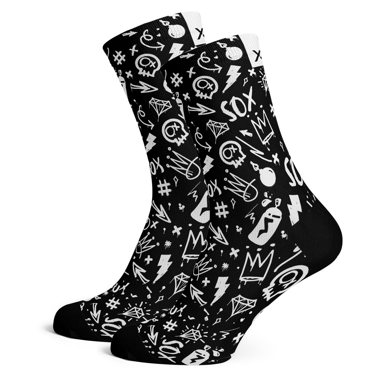 Sox Footwear Doodle Black Mono-Chrome Premium Crew Socks - Large (UK 8-12)