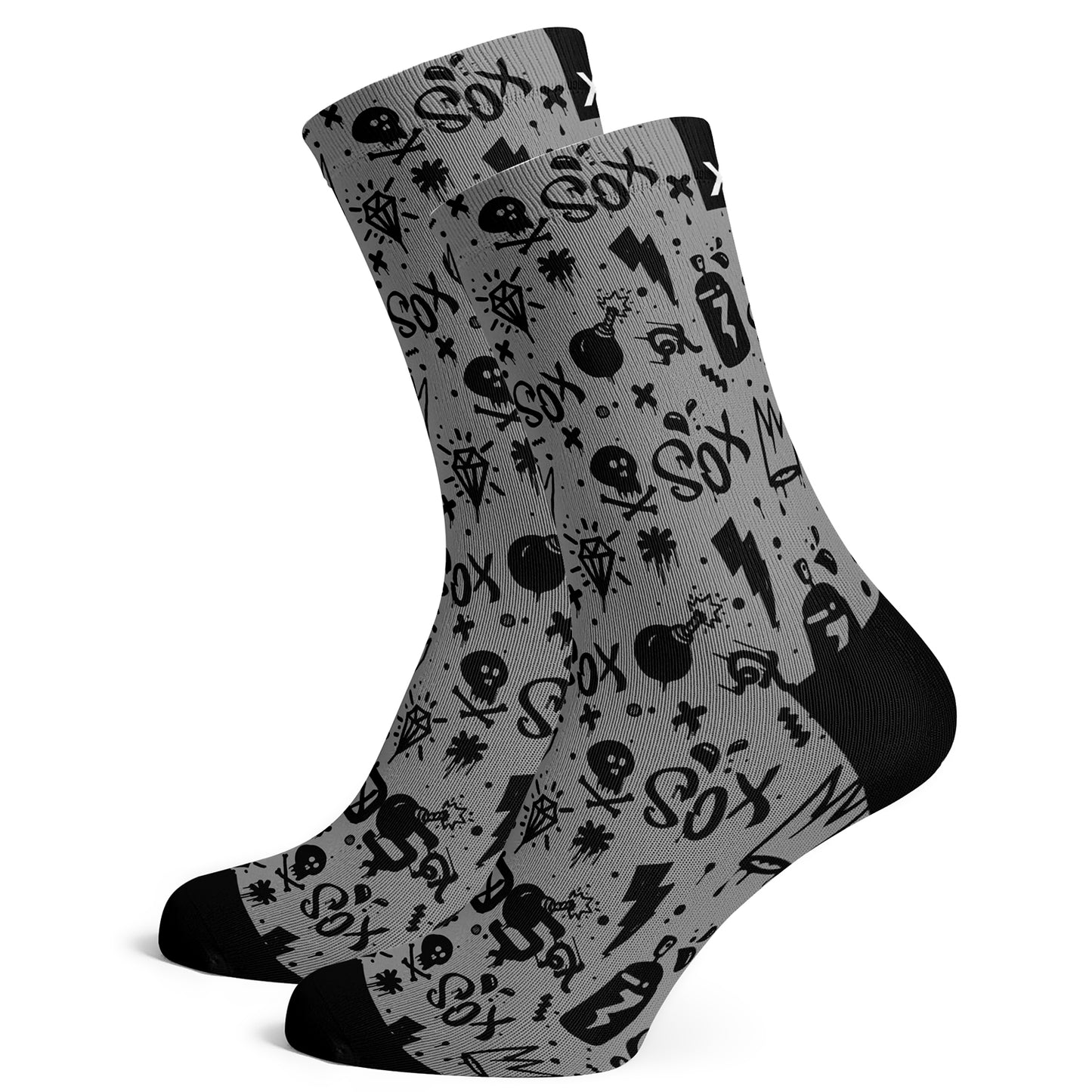 Sox Footwear Doodle Grey Mono-Chrome Premium Crew Socks - Large (UK 8-12)