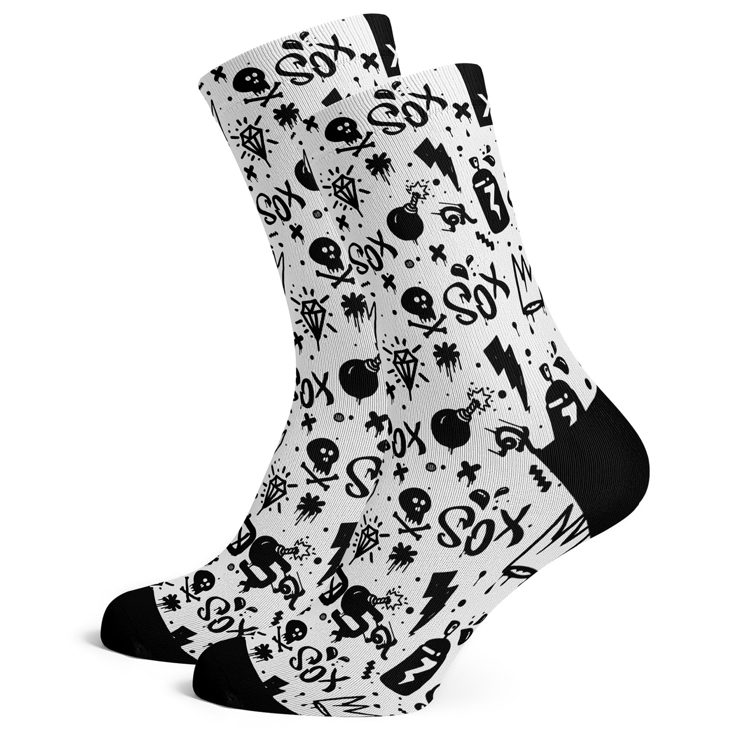 Sox Footwear Doodle White Mono-Chrome Premium Crew Socks - Large (UK 8-12)
